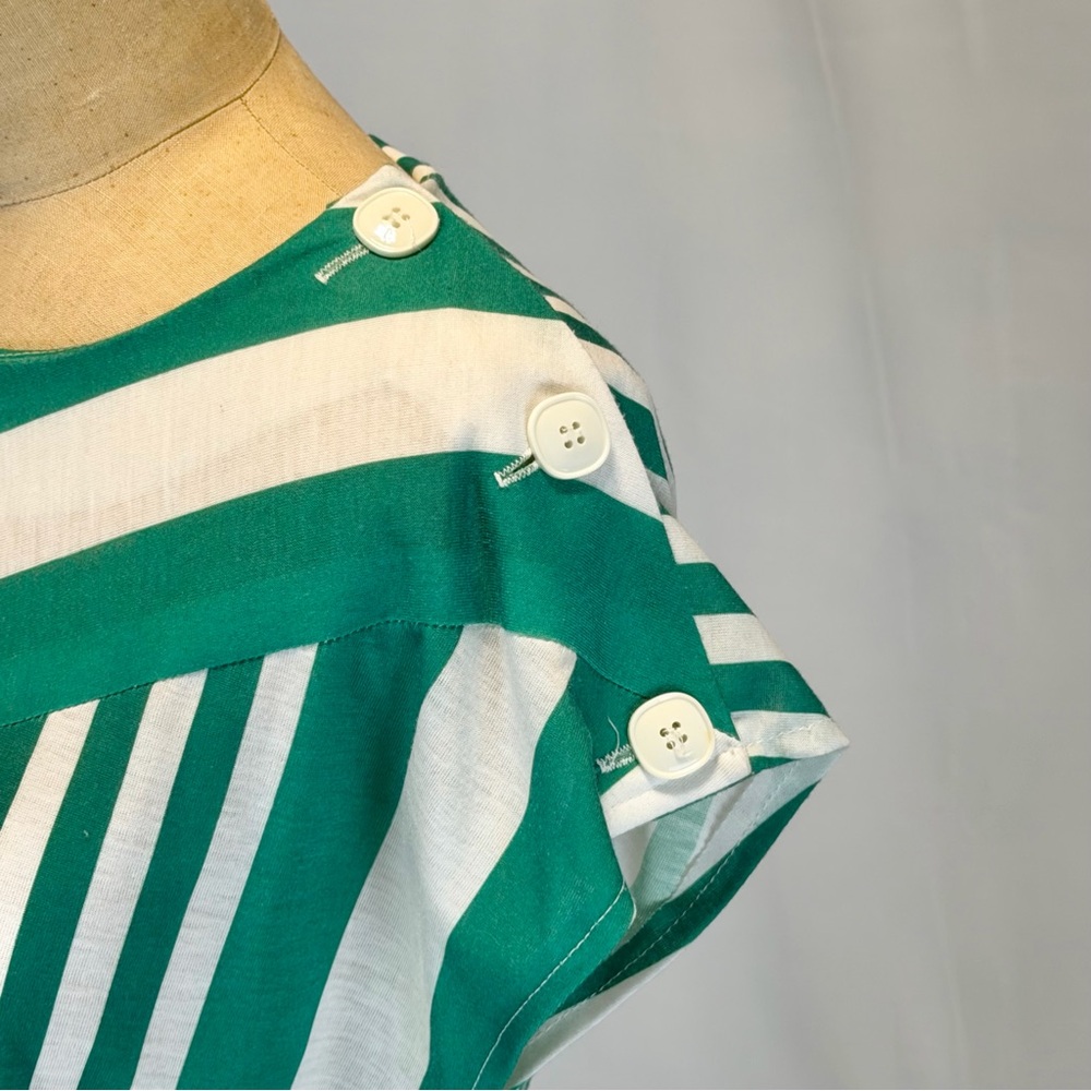 VINTAGE 80s green white stripe dress midi short cap sleeve belted waist nautical - Picture 4 of 11